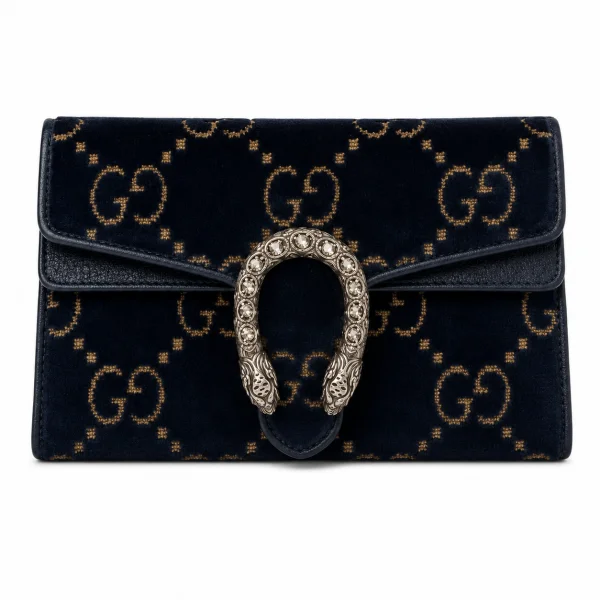 Gucci Velvet Crystal Monogram Chain Bag Blue