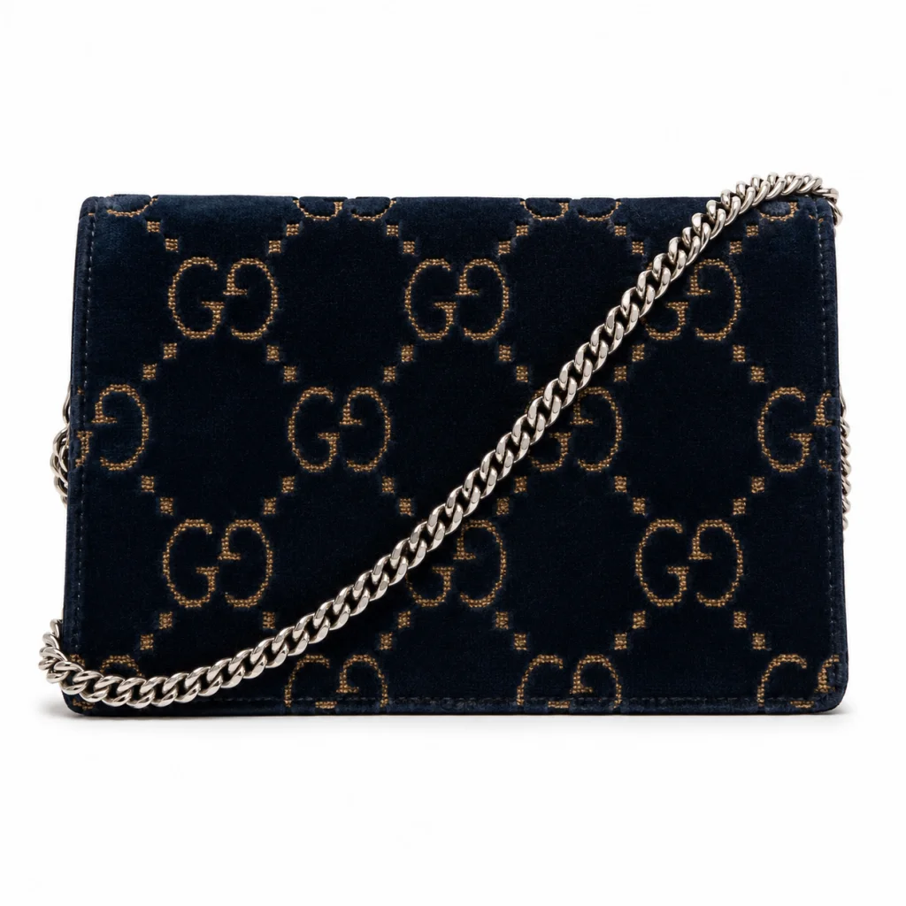Gucci Velvet Crystal Monogram Chain Bag Blue
