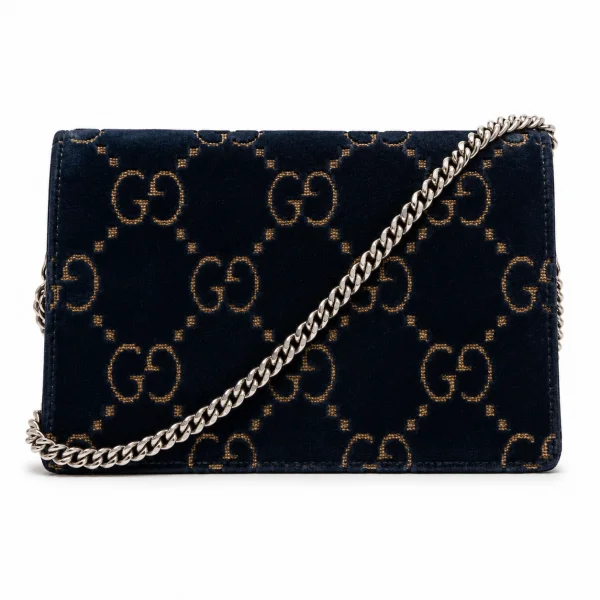 Gucci Velvet Crystal Monogram Chain Bag Blue