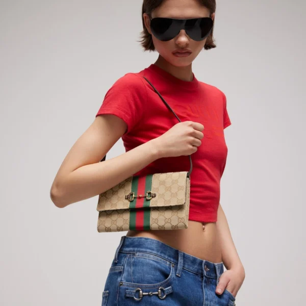 Gucci Horsebit Web Wallet With Strap - Beige