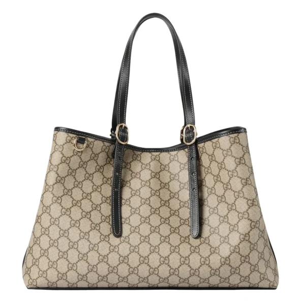 Gucci GG Supreme Monogram Emblem Medium Tote Bag Beige Black