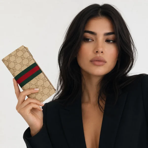 Gucci Web Zip Around Wallet - Beige
